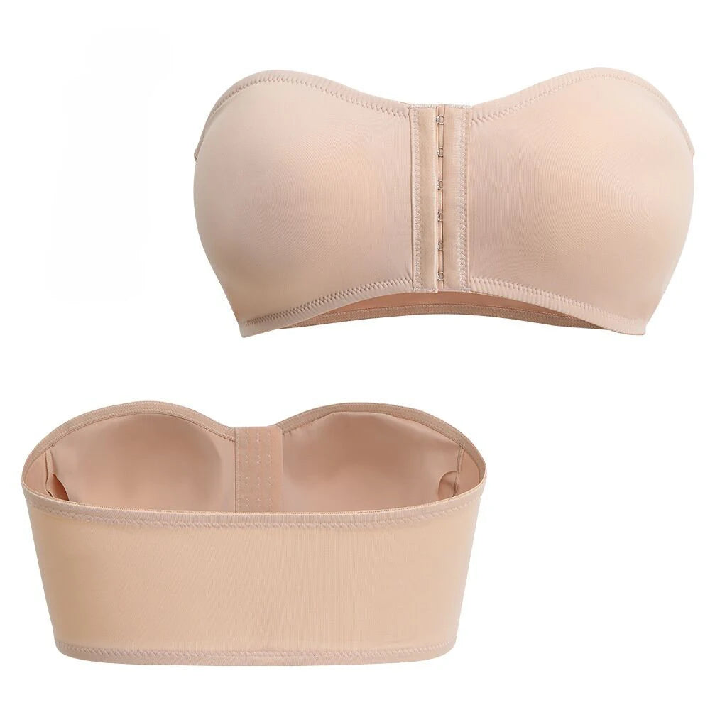 Plus Size Women's Front Fastening Bandeau Bras Strapless Push Up Wirefree Comfortable Bra Strapless Everyday Padded Bralette