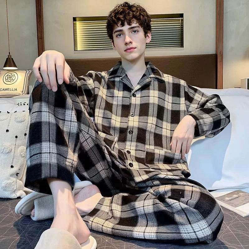 Casual Spring and Autumn Pajamas for Men, New Versatile Cardigan Long-Sleeved Long Pants Set, Simple and Stylish, Plus-Size Loungewear
