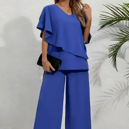 Plus Size Women's Multi-Color Ruffle Sleeve V-Neck Top + Wide Leg Pants 2-Piece Set - Elegant Casual Party Style (0XL-4XL)
