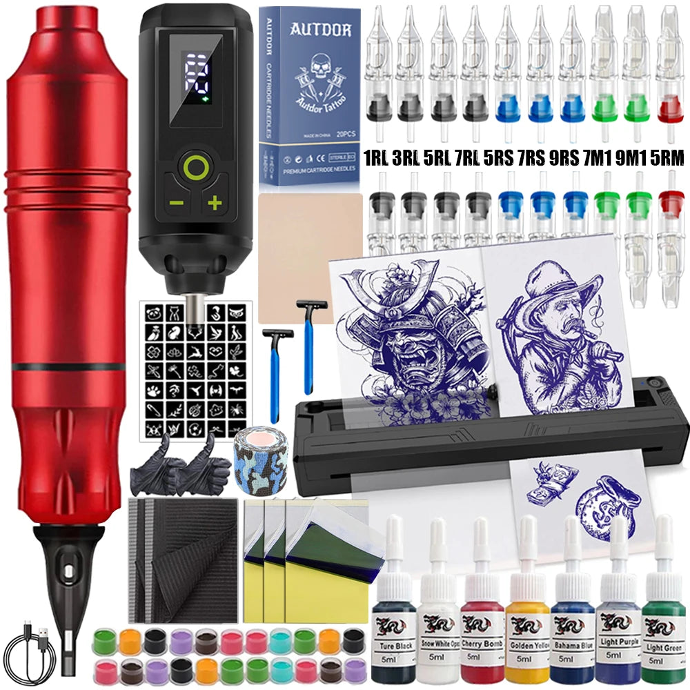 Tattoo Pen Machine Kit Tattoo Machine Pen Set with Wireless Power Supply Cartridge Needle Tattoo Accessories for Tattoo Beginner