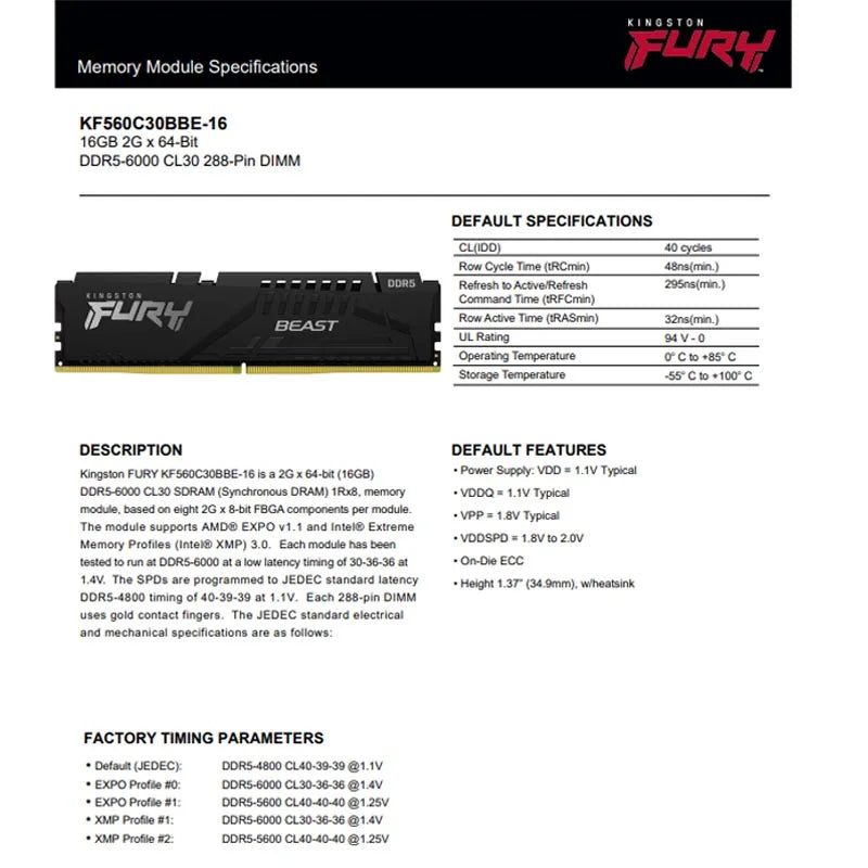 Kingston DDR5 RAM FURY Beast 32GB 16GB 6000MHz CL36 CL30 AMD EXPO Memory Profiles 288Pin DIMM PC5-48000