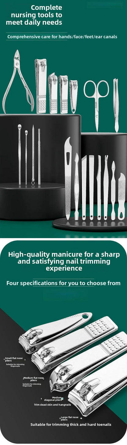 Stainless steel nail clipper set of 19 pieces, diagonal nail clippers, pedicures, ear picks, spoons, nail art set