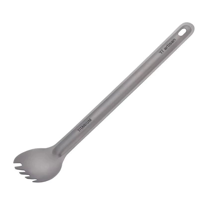 Tiartisan Titaniumsked & Spork – Ultralättviktig 15g, Långt Handtag, Frostad/Polerad, Camping
