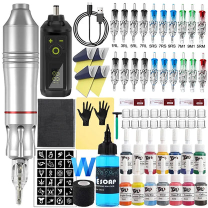 Wireless Tattoo Kit Rotary Tattoo Pen Machine 1200mAh Mini Battery Cartridge Needles Ink Set Permanent Makeup Tattoo Kits
