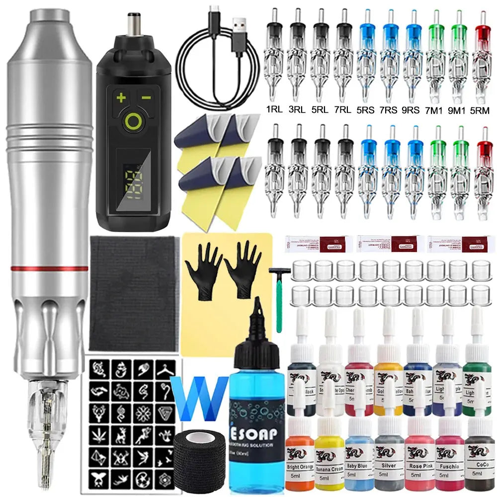 Wireless Tattoo Kit Rotary Tattoo Pen Machine 1200mAh Mini Battery Cartridge Needles Ink Set Permanent Makeup Tattoo Kits
