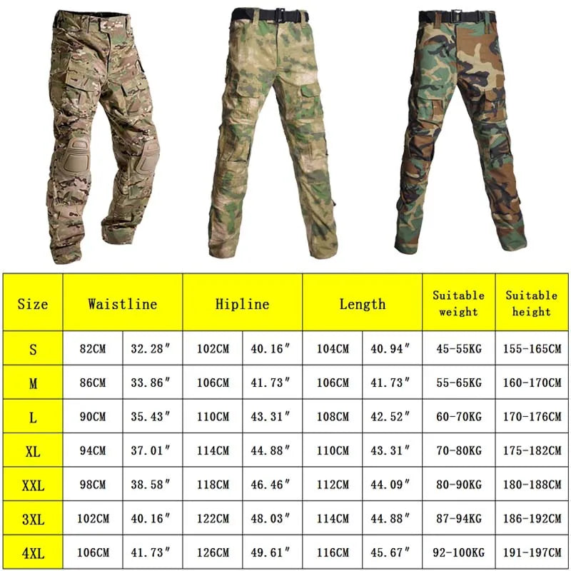 Multicam Tactical Pants +Pads Men Combat Trousers Work Camo Hunting Clothes Multi-pocket Breathable Wear-resisting Cargo Pants