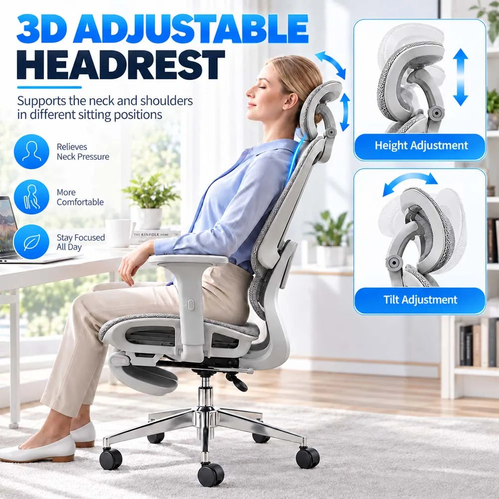 Ergonomic Office Chair with Footrest, 3D Adjustable Headrest & Armrests, Elastic Lumbar Support, Breathable Mesh High Back, 90°-135° Reclining Swivel Chair for Home Office