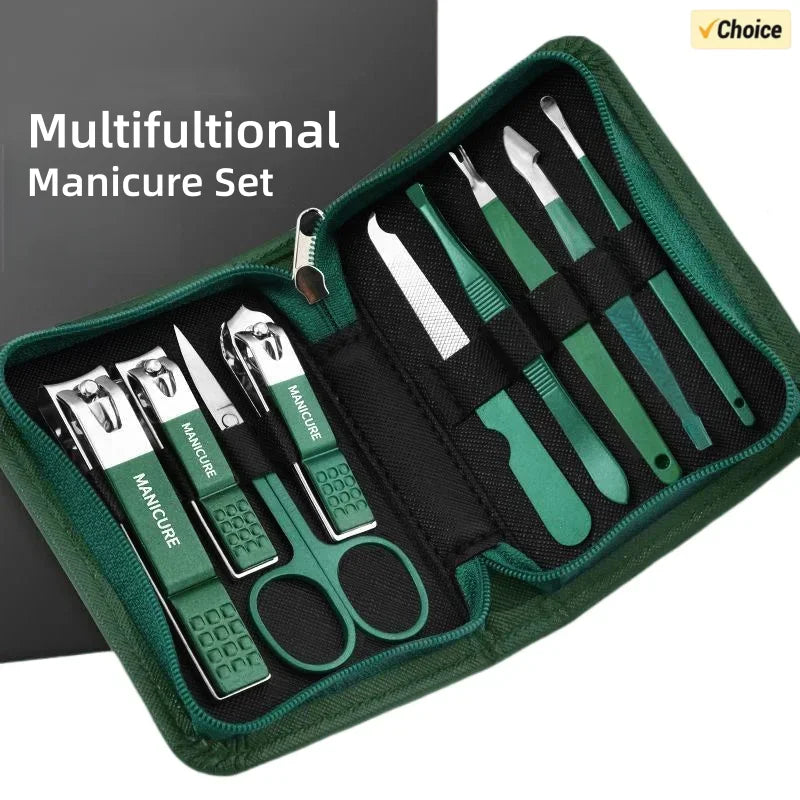 GreenStainlessSteel Nail Clippers Set-6-18 Nail Care Sets with Leather Storage Box-Professional Foot and Face Care Tool Set