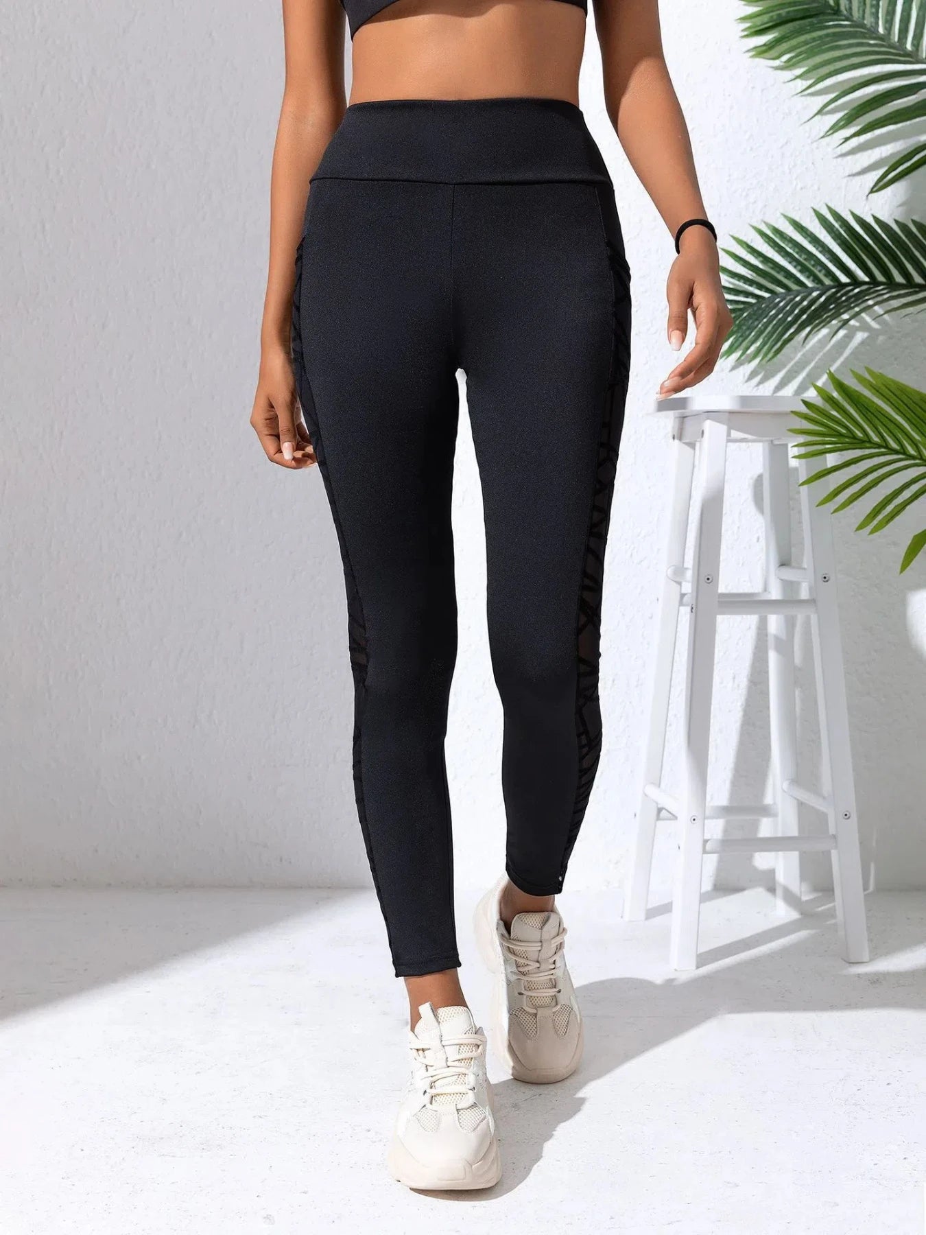 Side Mesh Yoga Women's Leggings Black Fabric Patchwork High Waist Soft Comfortable Gym Fitness Sportswear Long Pants