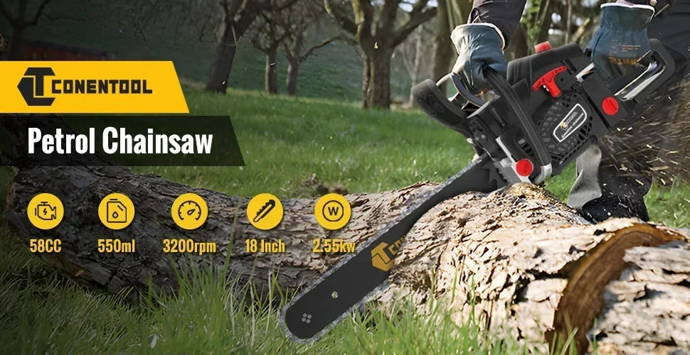 CONENTOOL 58CC 18 Inch Gas Chainsaw 2-Stroke Petrol Chain Saw 2.55kW 11500RPM Wood Cutter for Tree Cutting Firewood Logging Garden Tool