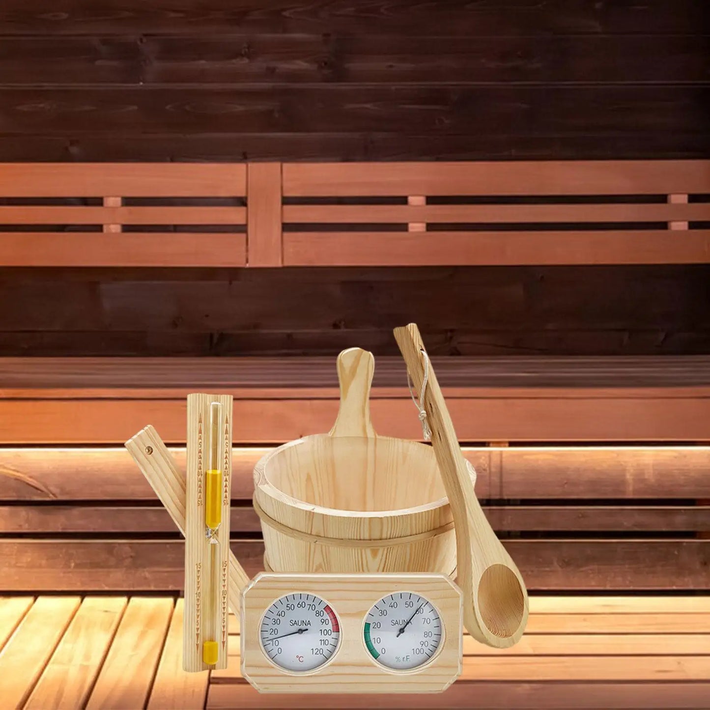 Sauna Accessories Set 4L Bucket Ladle Hourglass Sand Timer for Bathroom SPA Bathtub