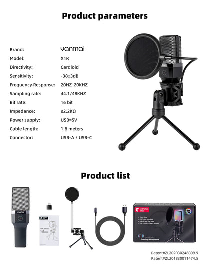Gaming Microphone Professional Condenser Mic PC Laptop Computer Mike RGB USB Wired Studio Streaming Podcast Gamer Karaoke PC Kit