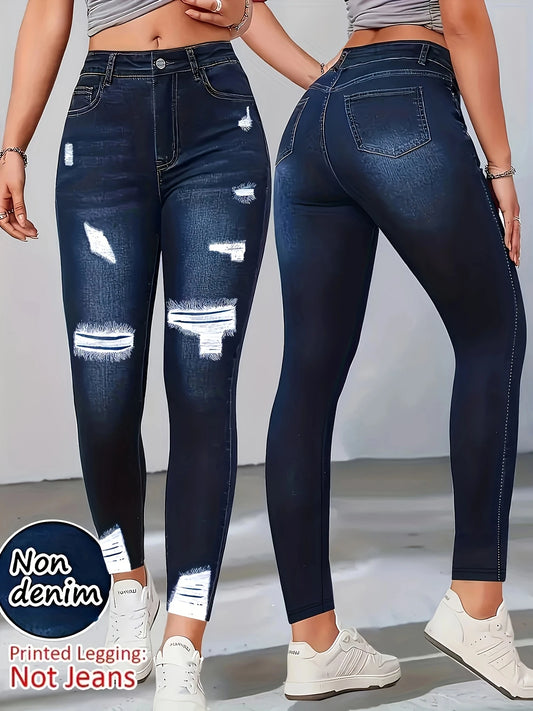 Dam Fejk-Denim Print Leggings 2026 – Tunn Mjuk Skinny Yoga Sport Casual Hög Midja S–XXL