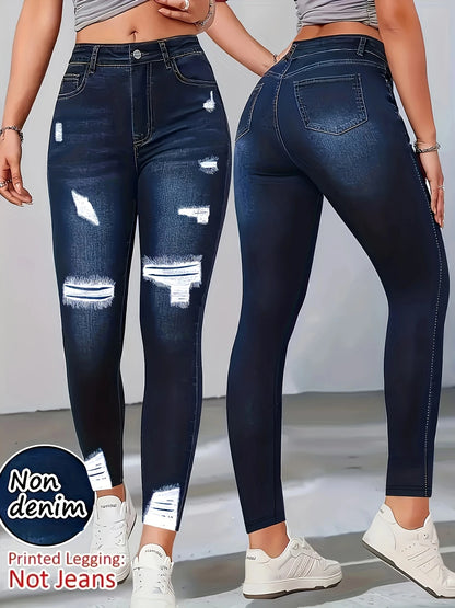 【Non-Denim】Women's Faux Denim Print Leggings, Sports Casual Skinny Pants, Thin Soft Skin-Friendly Yoga Pants, All-Season Long Pa