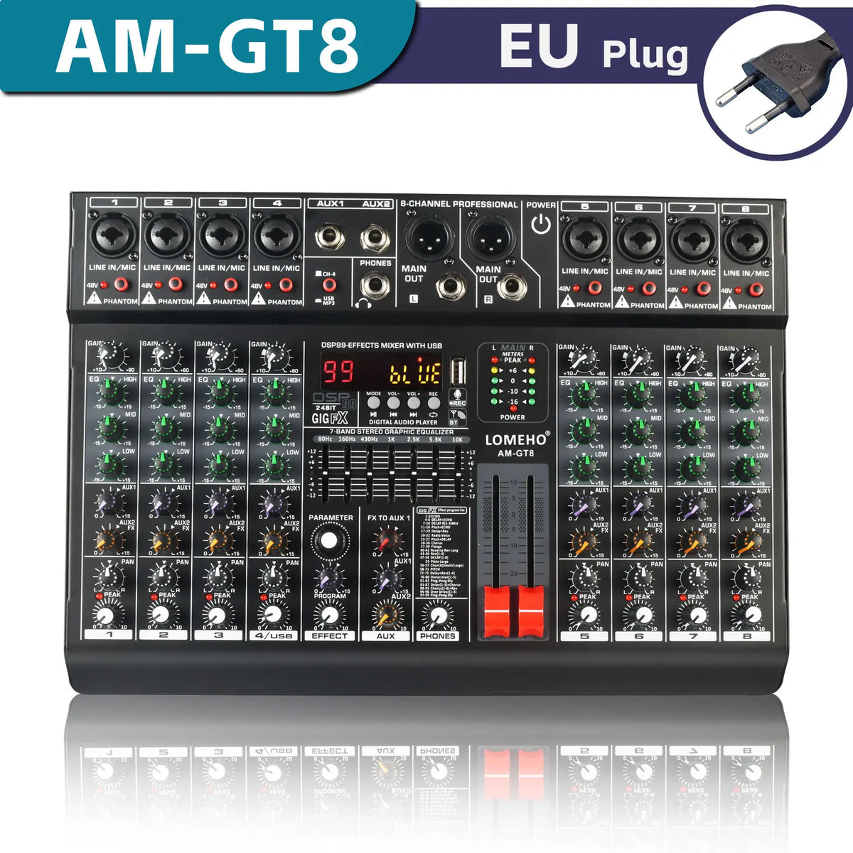 LOMEHO AM-GT8 8-kanals mixerbord med 99 DSP-effekter