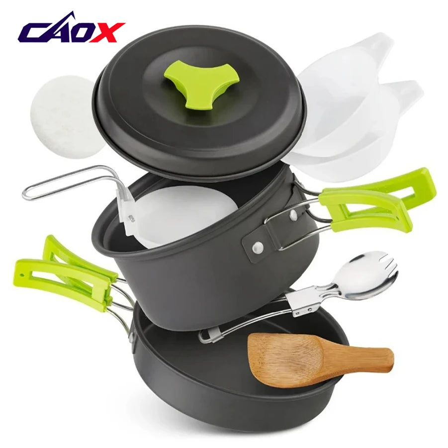 Campingkokset 9-delar – Non-Stick Aluminium, Kastrull, Panna, Skålar & Förvaringsväska, Ljusgrön
