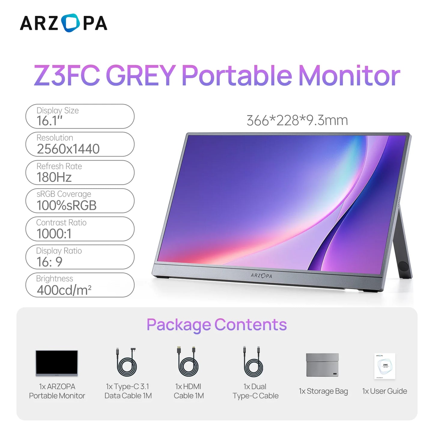 ARZOPA Z3FC Portabel Skärm 16,1" 180Hz 2,5K QHD – IPS 107% sRGB HDR10 Dubbla Högtalare Aluminium USB-C HDMI