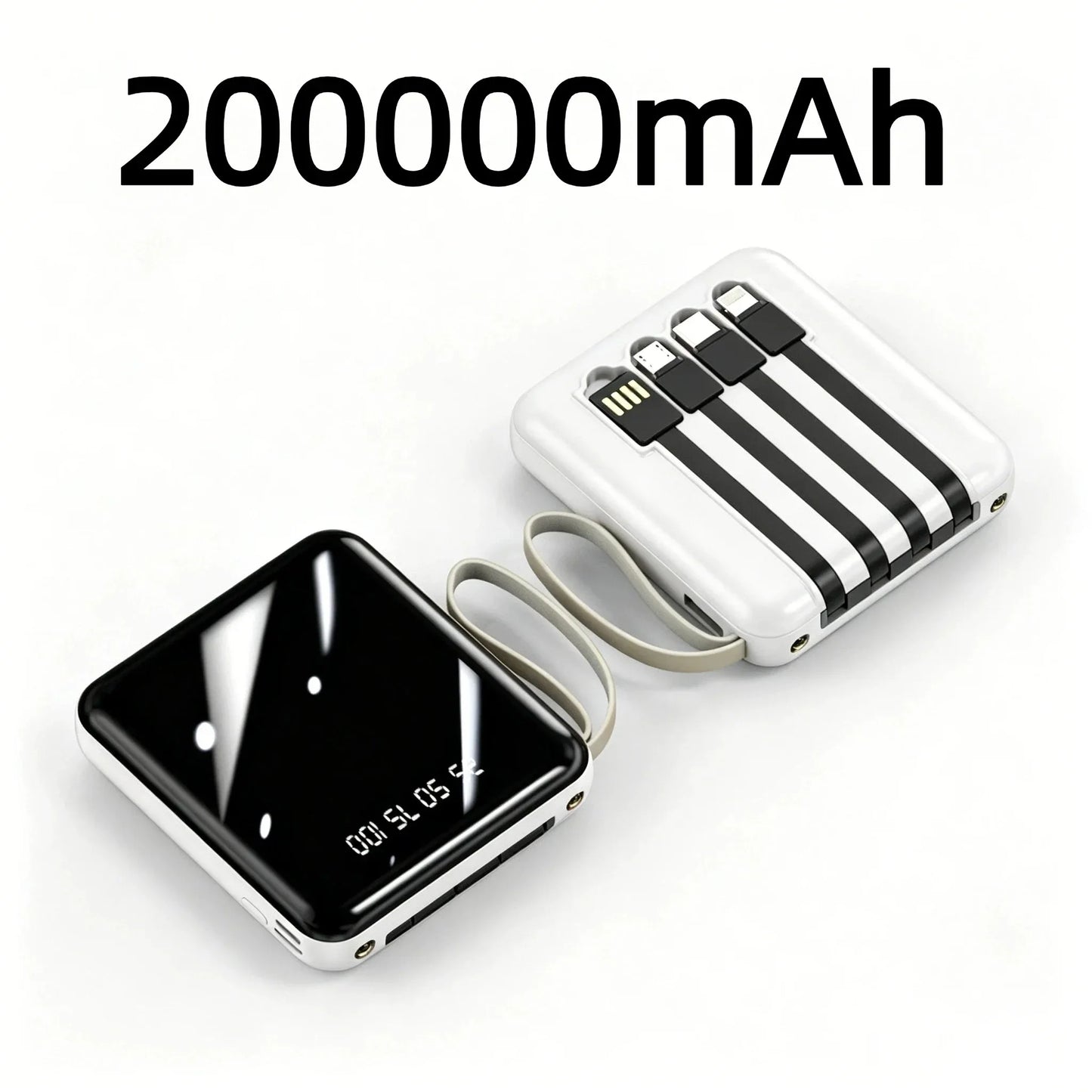 VIVO Mini Powerbank med 4 Inbyggda Kablar – Snabbladdning LED-display Dual USB Svart Vit Röd 50000/100000/200000mAh