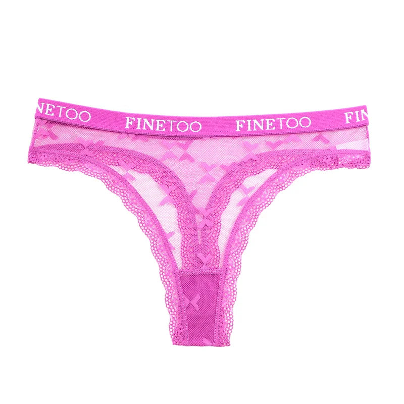 FINETOO Women Sexy Lace Low-Rise Thongs Letter Waist Transparent G-String Ladies Seamless Lingerie Hollow Out Perspective T-Back