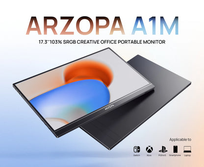 ARZOPA A1M Portabel Skärm 17,3" 1080P IPS – 100% sRGB HDR10 60Hz Inbyggt Stativ Dubbla Högtalare Aluminium USB-C HDMI