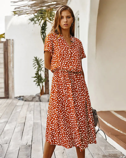 Vintage Blommig Boho Skjortklänning – Kortärmad, Lång, Nedvikt Krage, Skärp, 6 Färger, S–XL