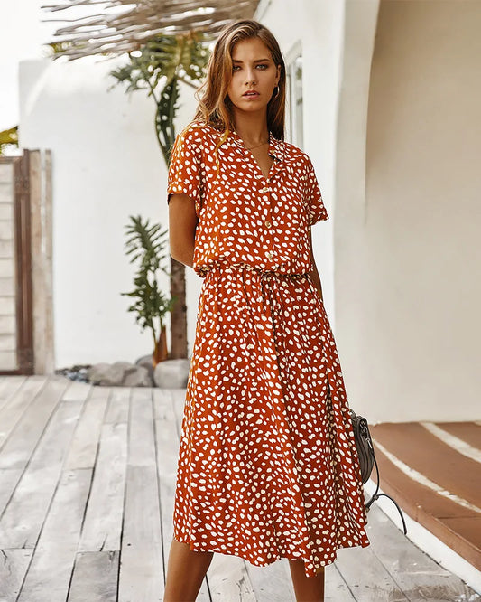 Vintage Blommig Boho Skjortklänning – Kortärmad, Lång, Nedvikt Krage, Skärp, 6 Färger, S–XL