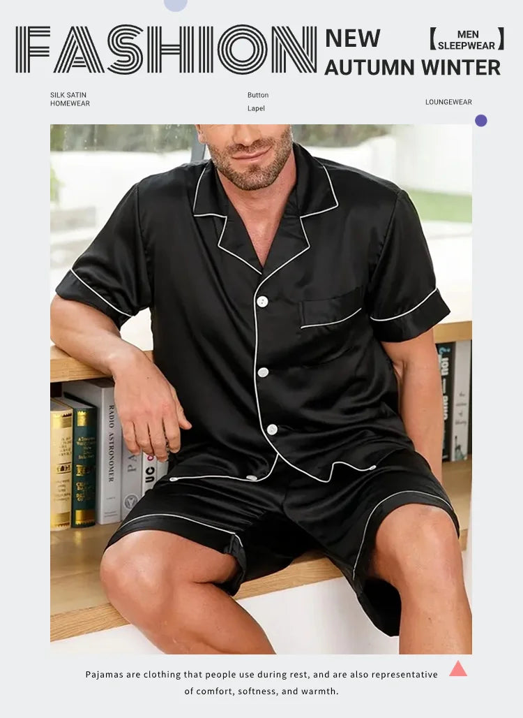 Pyjamasset herr med satinkänsla – kortärmad skjorta och shorts, S–XL