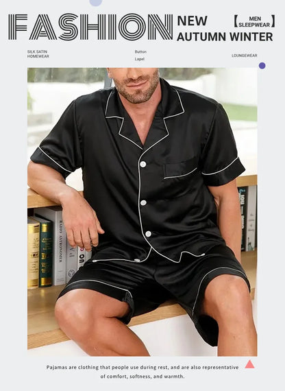 Pyjamasset herr med satinkänsla – kortärmad skjorta och shorts, S–XL