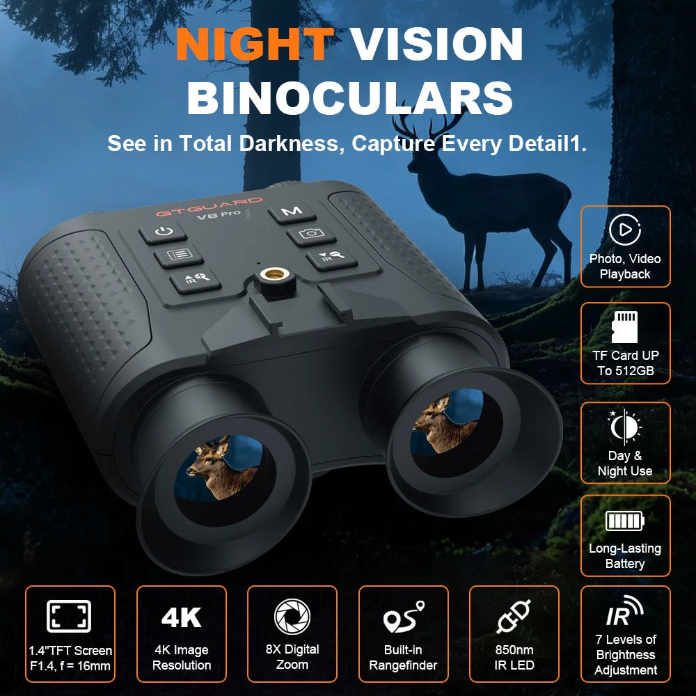 GTMEDIA V6 PRO Infrared 4K Night Vision Binoculars Goggles 8X Digital Zoom 300M Full Darkness Photo&Video Telescope for Hunting
