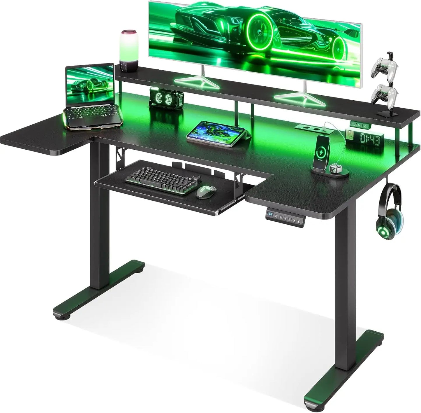 Offigo U Shape Elevating Desk Table, 140cm Electric Elevating Desk with Monitor Stand, USB Plugs and Charging, Standing Desk with Led, Table for Gaming Computer and Office, Black