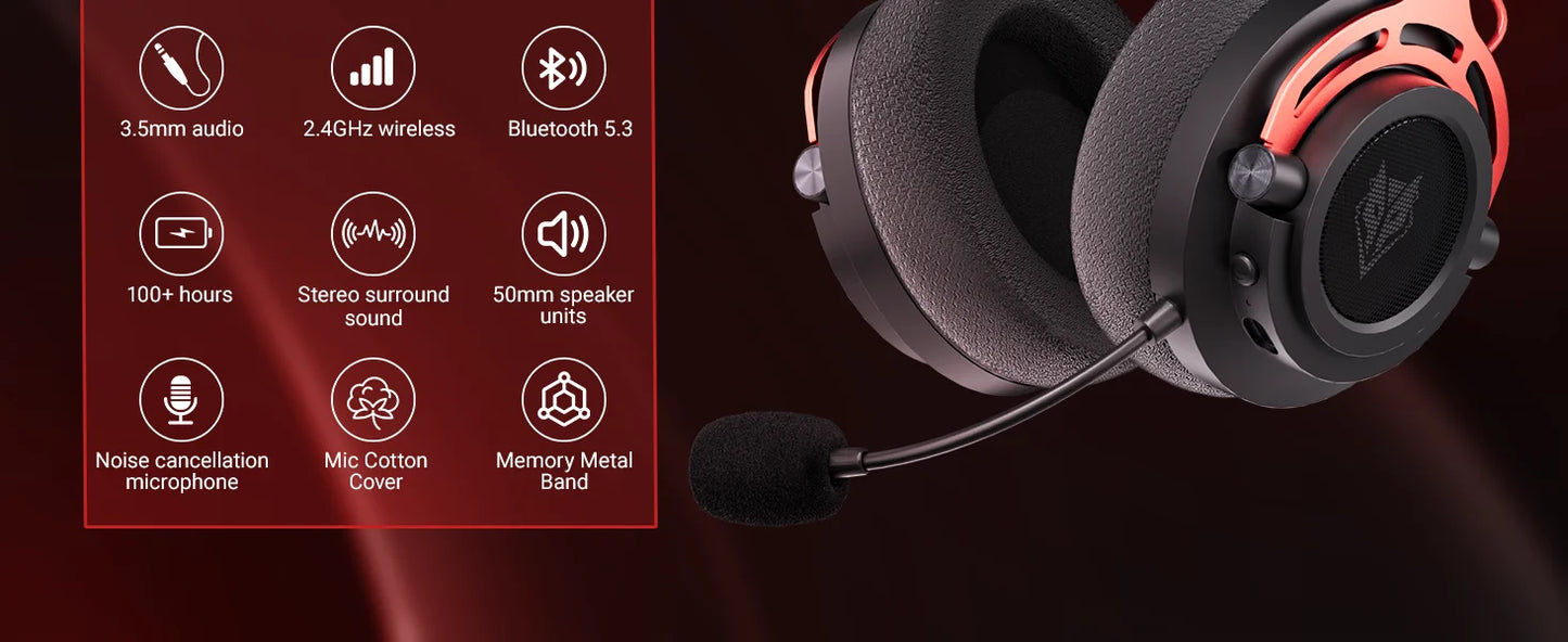 NUBWO G03 Trådlöst Gaming Headset – 3 Anslutningslägen 2.4GHz Bluetooth 3,5mm 50mm 100h ≤20ms CE/FCC PS5 PS4 PC Xbox Röd Grön