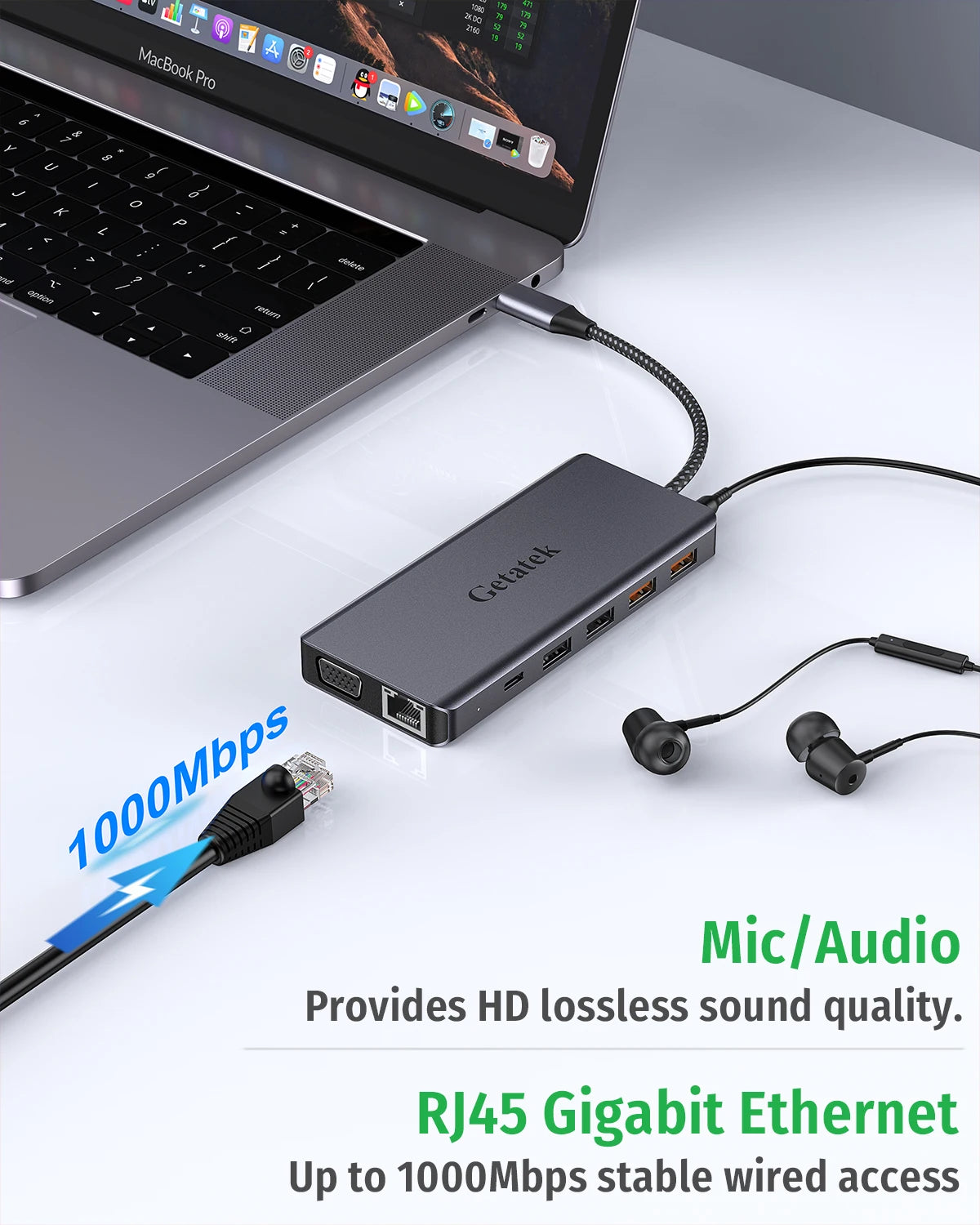 Getatek 13-i-1 USB-C-hubb med HDMI, VGA, RJ45 och kortläsare