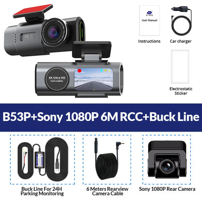 B53P 4K Dashcam med WiFi, GPS och Sony Nattseende – 170° Framkamera + Valfri 1080P Bakåtkamera
