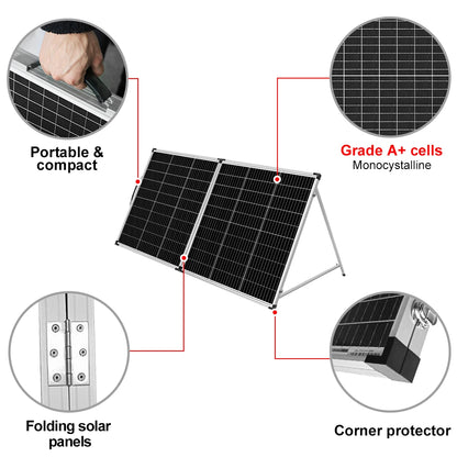 DOKIO Vikbar Solpanel 100W/160W/200W – Monokristallin 18V PWM-regulator Portabel Camping Husbil Båt EU-lager CE