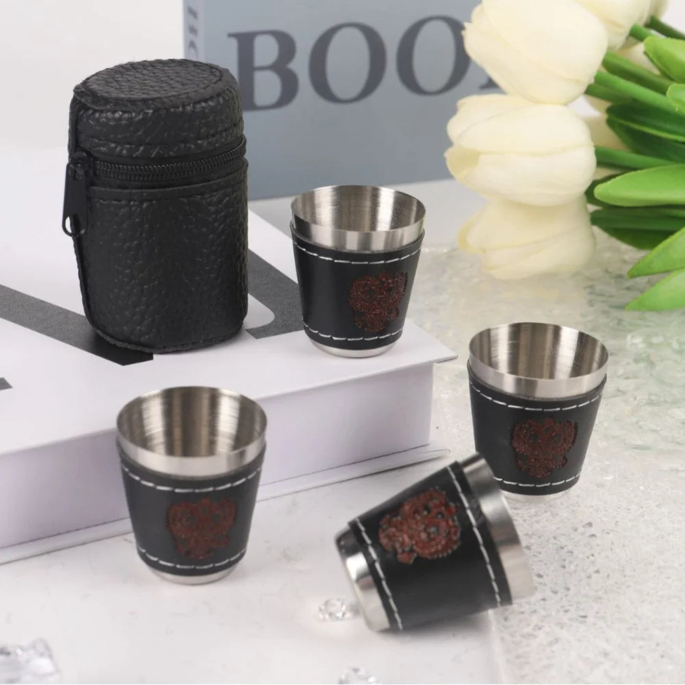 Rostfria Campingkoppar 4-pack med Läderfodral – 30/70/170ml, Kaffe, Vin & Whisky, Friluftsliv