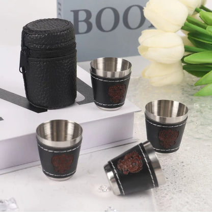 Rostfria Campingkoppar 4-pack med Läderfodral – 30/70/170ml, Kaffe, Vin & Whisky, Friluftsliv