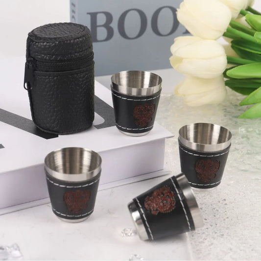 Rostfria Campingkoppar 4-pack med Läderfodral – 30/70/170ml, Kaffe, Vin & Whisky, Friluftsliv