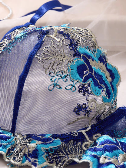 Lyxigt Spets Lingerie Set – Blå Blombrodyr, Genomskinlig Halvkupa BH & Trosor