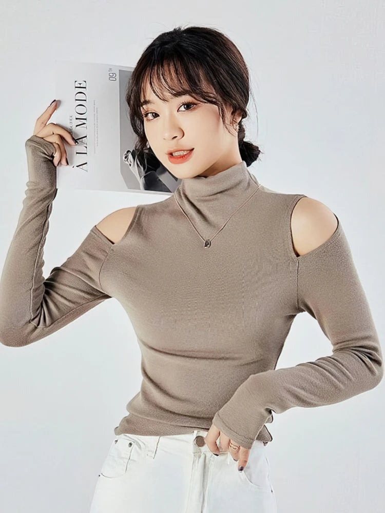 Korean Fall Winter Turtleneck Basic Tops Women Sexy Off Shoulder Long Sleeve Thick Fleece T Shirt Fashion Black Tees Lady