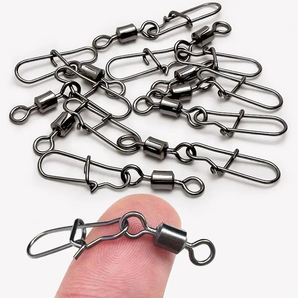 50pcs/box Swivel Snap Connector Pin Rolling Ring Fishing Tackle Box Buckle Hook Lure Kit Wire Rotate Bearing Pesca Tool Gear