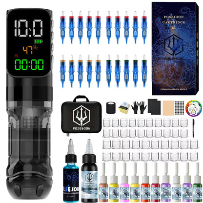 POSEIDON Tattoo Kit Tattoo Pen Kit 20 Tattoo Needles For Permanent Makeup Tattoo Machine Kit Wireless Tattoo Gun Kit