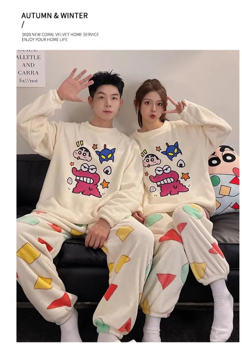 Kawaii Crayon Shin-Chan Couple Pajamas Set New Men's/women's Fashion Casual Pajama Plush Coral Fleece Winter Cartoon Homeclothes