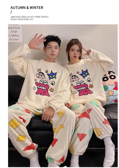 Kawaii Crayon Shin-Chan Couple Pajamas Set New Men's/women's Fashion Casual Pajama Plush Coral Fleece Winter Cartoon Homeclothes