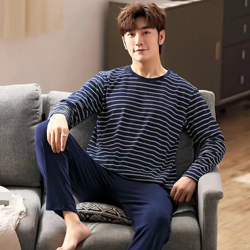 Herr Pyjamas Set Vår & Höst – Långärmad Randig Mjuk Koreansk Stil, 6 Färger M–XXL