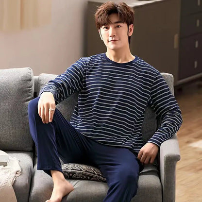 Herr Pyjamas Set Vår & Höst – Långärmad Randig Mjuk Koreansk Stil, 6 Färger M–XXL