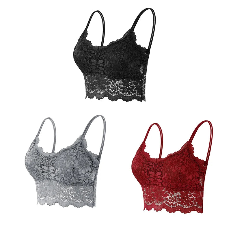 3PCS Women's Lace Bras Top Comfortable Bralette Solid Color Sexy Underwear Vest Female Hollow Out Wireless Lingerie Seamless Bra
