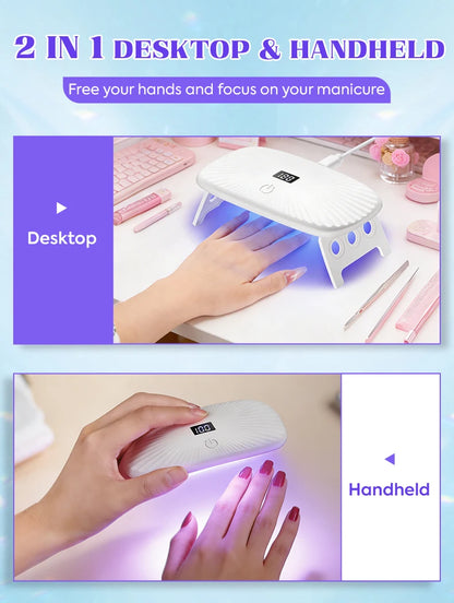 2-in-1 Handheld & Desktop UV Nail Lamp: Dual-Wavelength Fast Curing with 4-Timer Settings & Portable Design