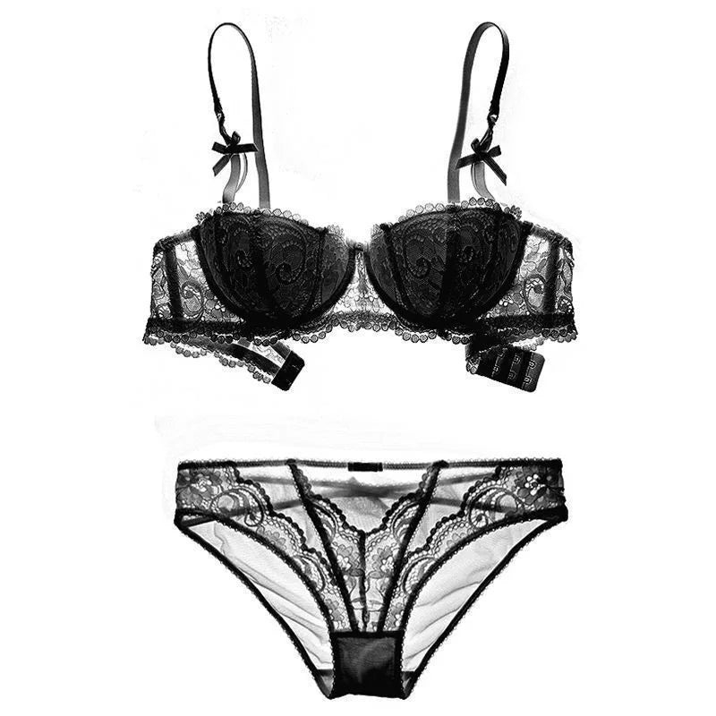 KUCLUT Jacquard lace big bow half-cup bra set, thin cotton cup breathable new small-bust push-up bra
