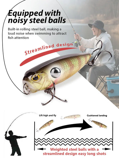 Hanlin Popper 6.5cm/2.56in/5.5g Topwater Baits Walk The Dog Rattle Wobble Fishing Lures Floating Hard Plastic Bass Tackle