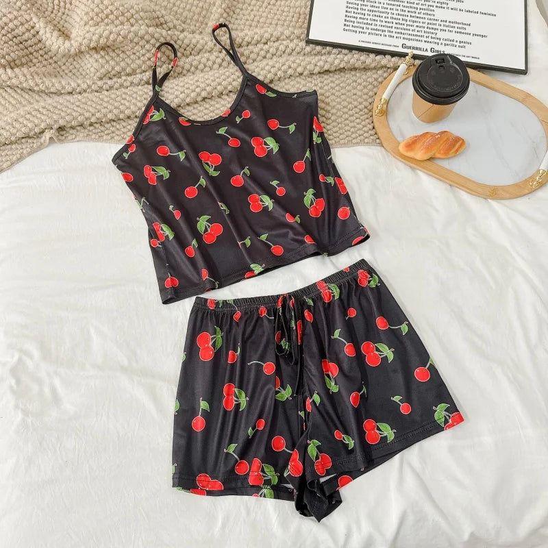 Women's Floral Print Pajama Set Spaghetti Strap V Neck Shorts Sleepwear Summer Breathable Loungewear Multi Print Casual Homewear